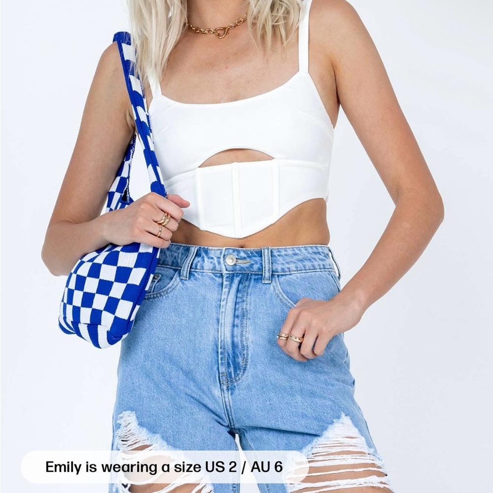 White Crop Top with Blue Checkered Bag
